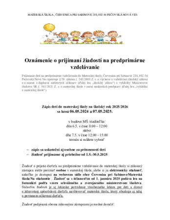 Oznam o zápise a podaní žiadosti k prijímaniu dieťaťa na predprimárne vzdelávanie 