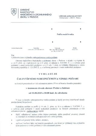 Vyhlásenie času zvýšeného nebezpečenstva požiaru 