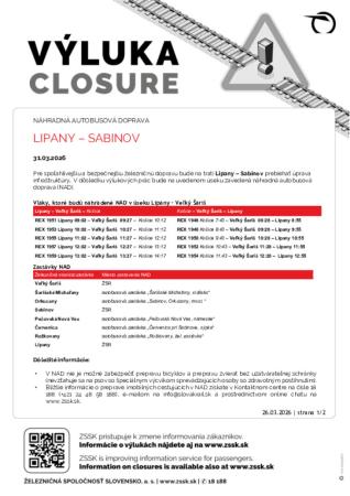 Výluka 31.3.2026 Sabinov - Lipany